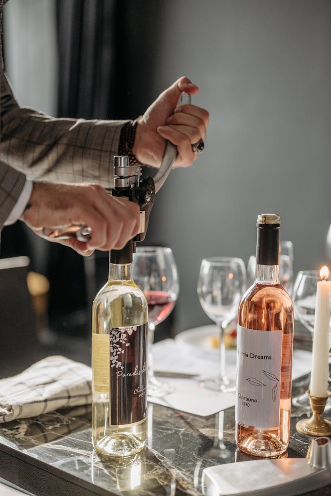 A sommelier opening a wine bottle in a cozy indoor setting with wine glasses and candlelight.